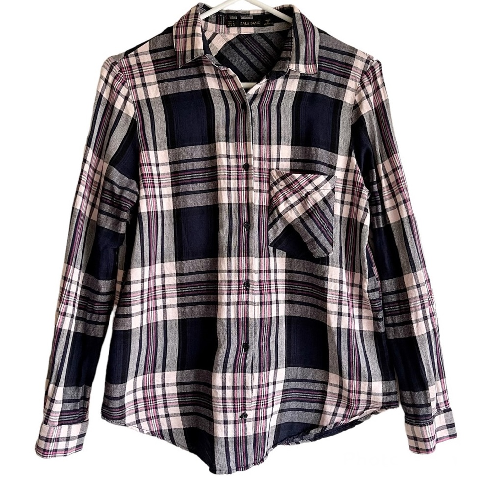 Zara Basic Botton Down Navy Pink White Plaid Flannel Shirt. Size: M